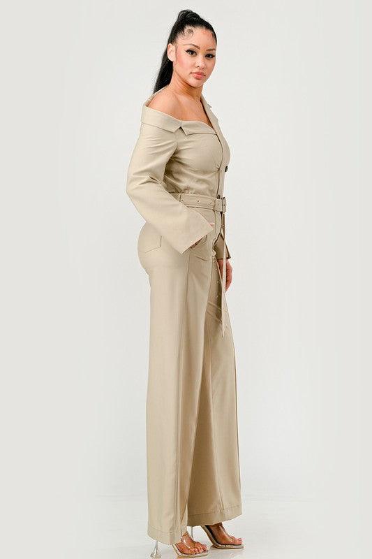 Savannah Elegance Khaki Trench Style Jumpsuit - ZyraLux