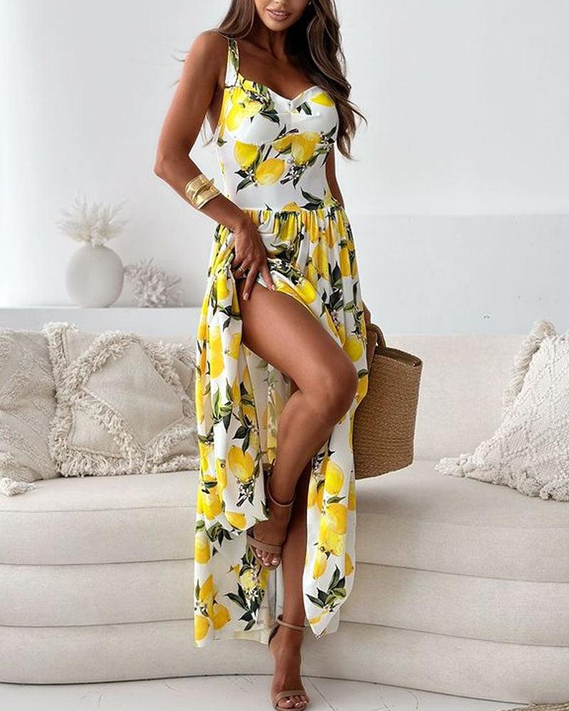 Lemon Print Maxi Dress | Yellow | Summer Freshness | Cotton Blend - ZyraLux Kleding en accessoires