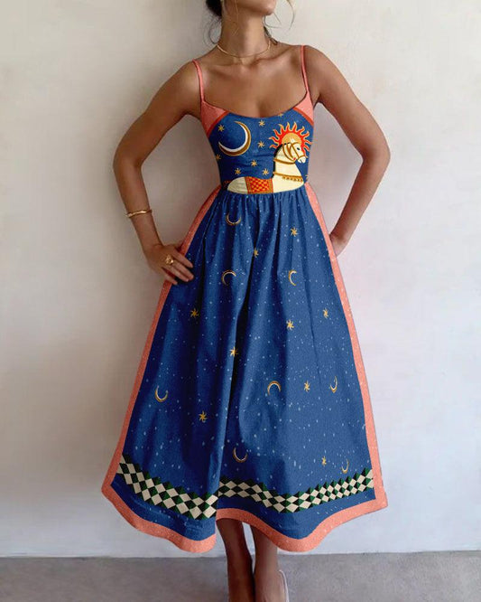 Celestial Print Sundress | Navy | Mystical Charm | Cotton Blend - ZyraLux Kleding en accessoires