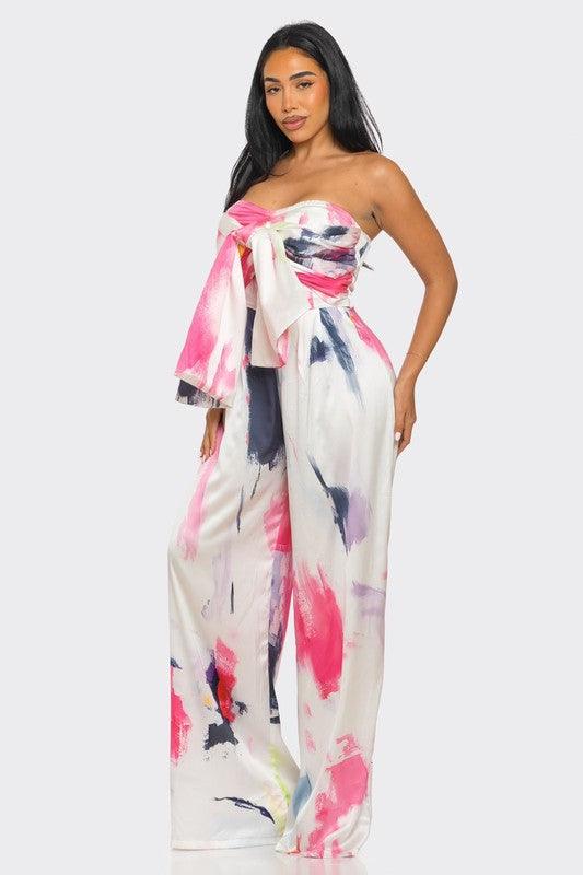 Abstract Elegance White/Pink Printed Wide Leg Jumpsuit - ZyraLux