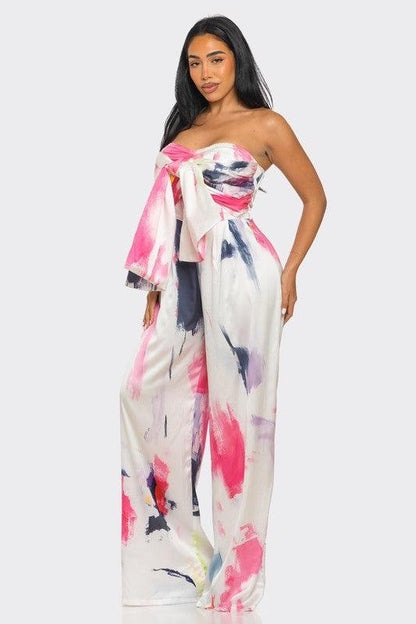 Abstract Elegance White/Pink Printed Wide Leg Jumpsuit - ZyraLux