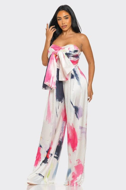 Abstract Elegance White/Pink Printed Wide Leg Jumpsuit - ZyraLux