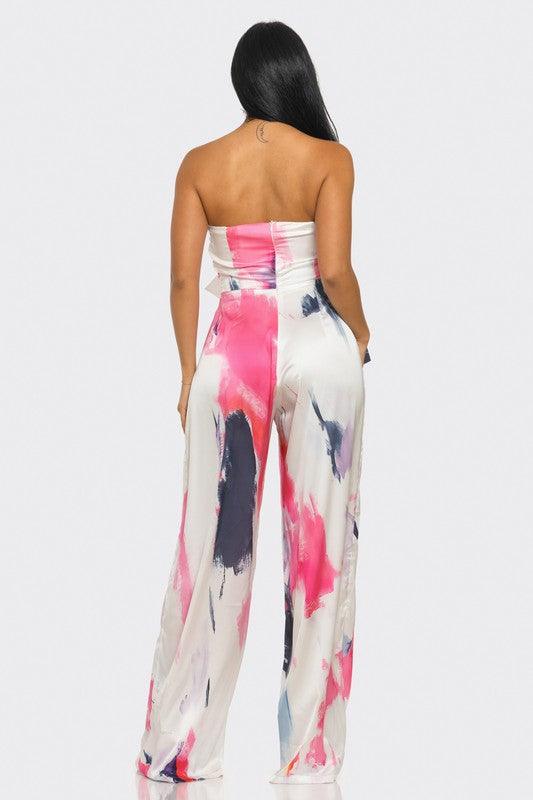 Abstract Elegance White/Pink Printed Wide Leg Jumpsuit - ZyraLux