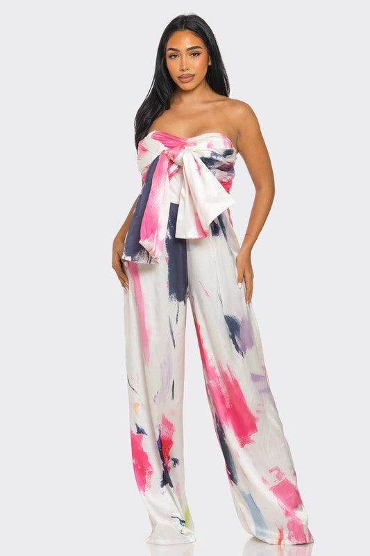 Abstract Elegance White/Pink Printed Wide Leg Jumpsuit - ZyraLux