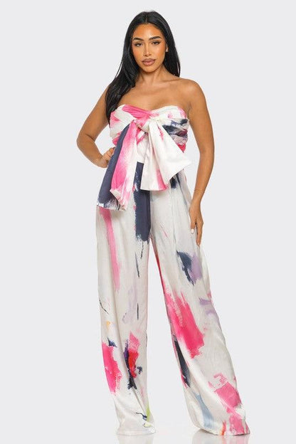 Abstract Elegance White/Pink Printed Wide Leg Jumpsuit - ZyraLux