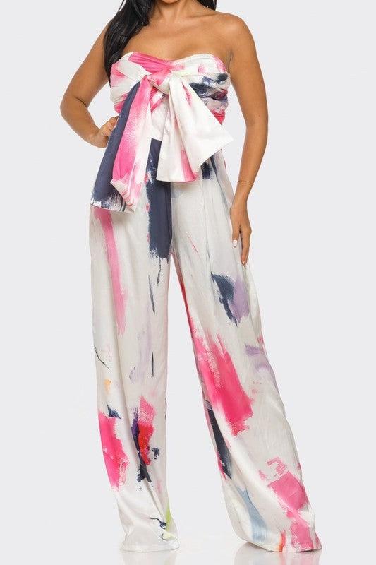 Abstract Elegance White/Pink Printed Wide Leg Jumpsuit - ZyraLux