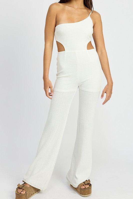 Witte wafel gebreide jumpsuit met één schouder en uitgesneden mouwen