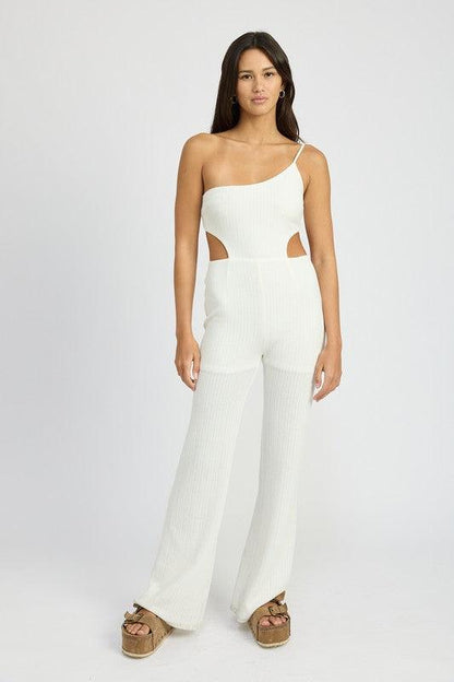 Witte wafel gebreide jumpsuit met één schouder en uitgesneden mouwen