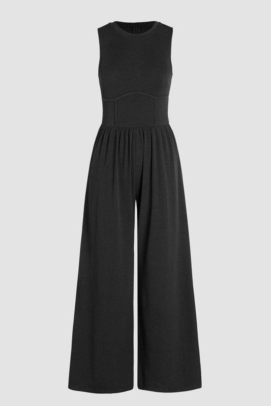 Black Cinched Waist Sleeveless Wide Leg Jumpsuit - ZyraLux