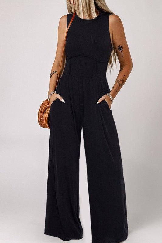 Black Cinched Waist Sleeveless Wide Leg Jumpsuit - ZyraLux