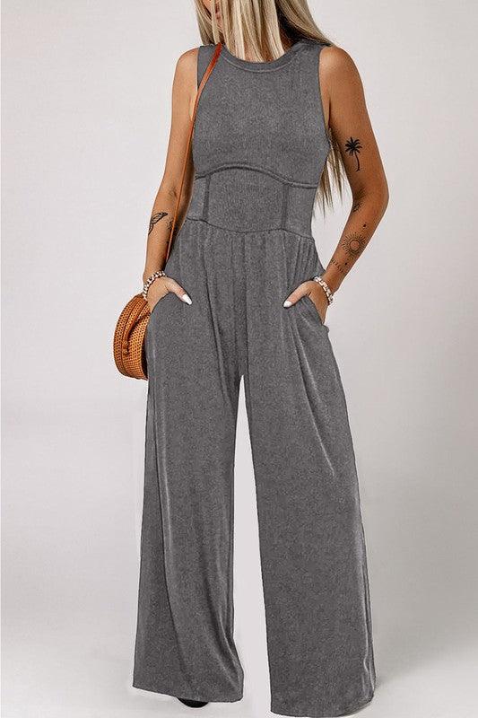 Black Cinched Waist Sleeveless Wide Leg Jumpsuit - ZyraLux