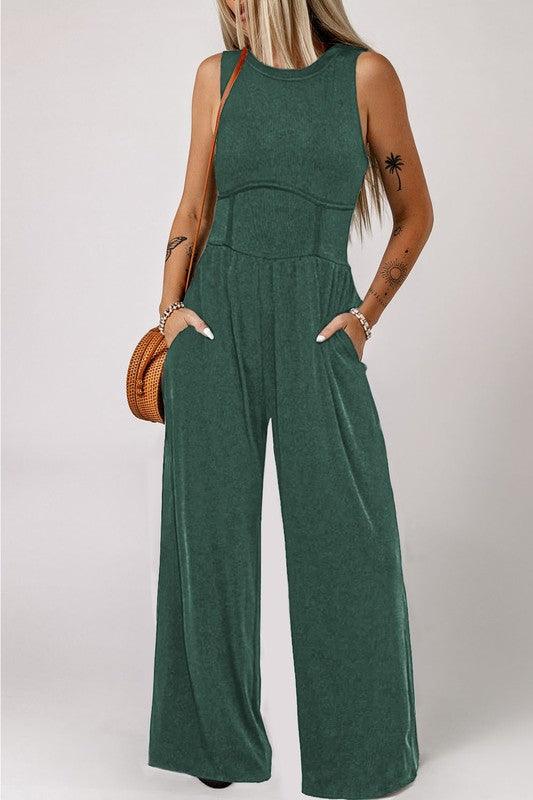 Black Cinched Waist Sleeveless Wide Leg Jumpsuit - ZyraLux