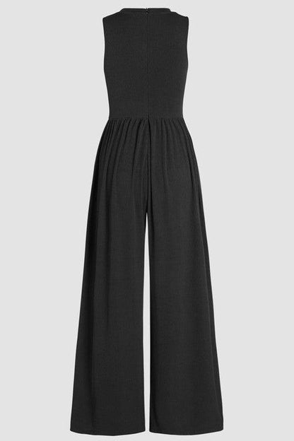 Black Cinched Waist Sleeveless Wide Leg Jumpsuit - ZyraLux