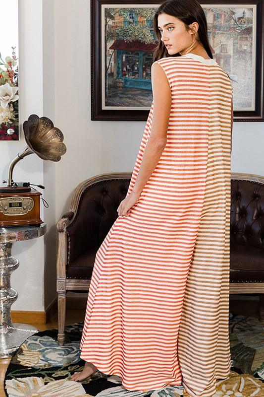 Orange Stripe Buttoned Front Sleeveless Wide Leg Jumpsuit - ZyraLux