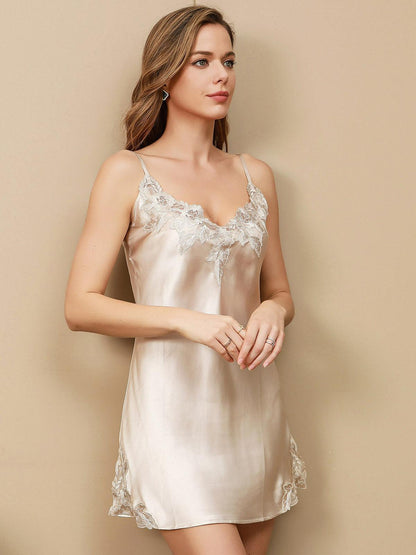 LUNA - Pure Silk Chemise with Lace and Slit - ZyraLux Nightgown