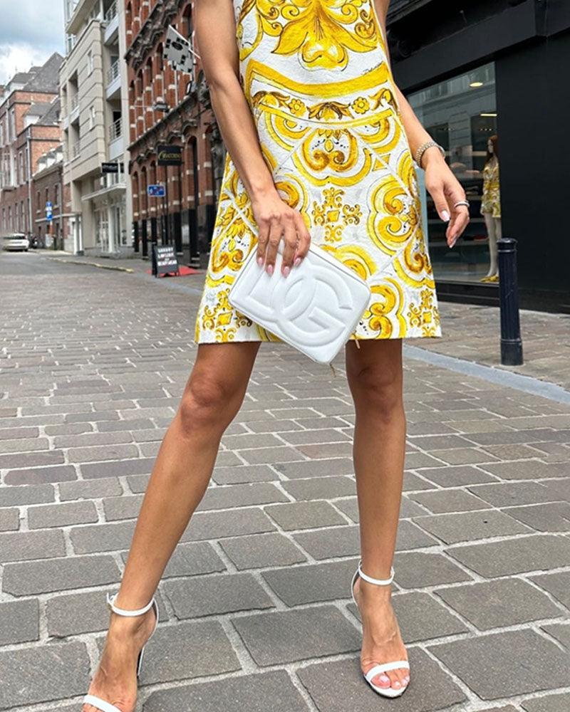 Baroque Print A-Line Dress | Yellow | Chic Daywear | Jacquard - ZyraLux Kleding en accessoires