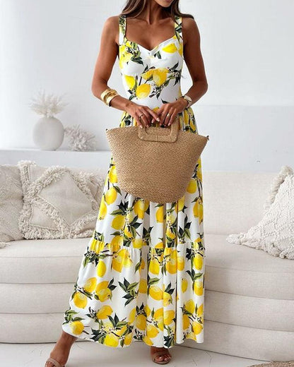 Lemon Print Maxi Dress | Yellow | Summer Freshness | Cotton Blend - ZyraLux Kleding en accessoires