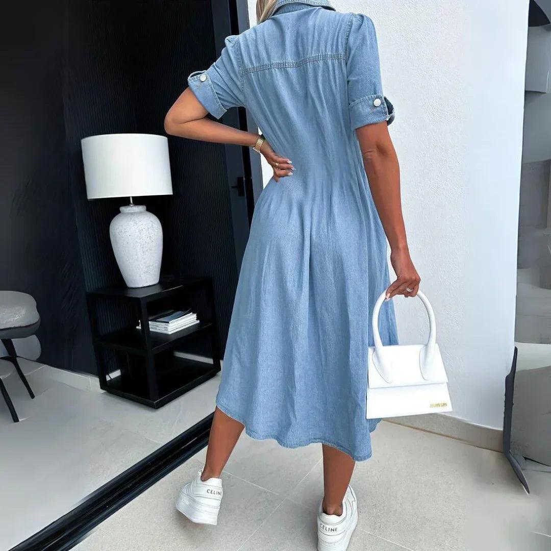 Denim Midi Dress | Blue | Cotton | Casual and Stylish - ZyraLux Kleding en accessoires