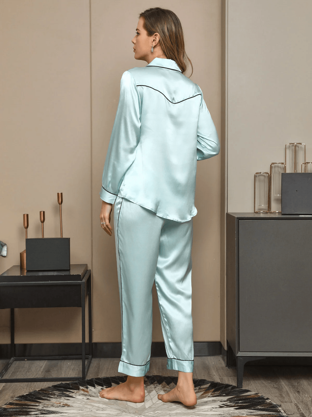 CELIA - 19 Momme Silk Pajama Set with Piping Finishes - ZyraLux Pyjama