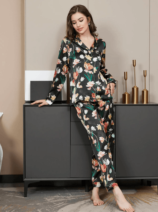 HANNEKE - Silk Pajama Set with Floral Pattern - ZyraLux Pyjama