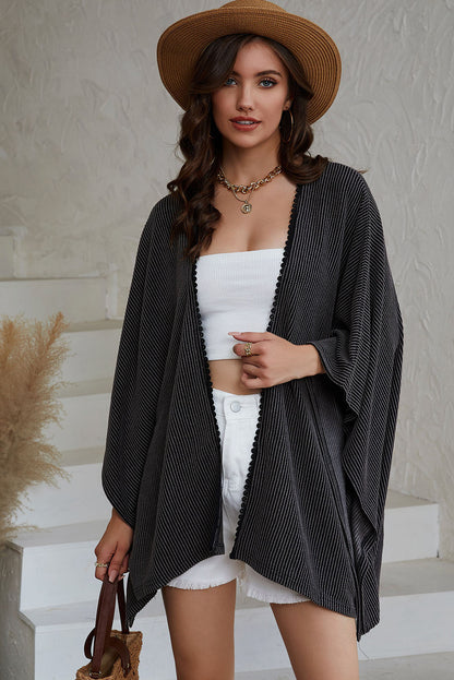 Zwarte geribbelde oversized kimono met kanten rand