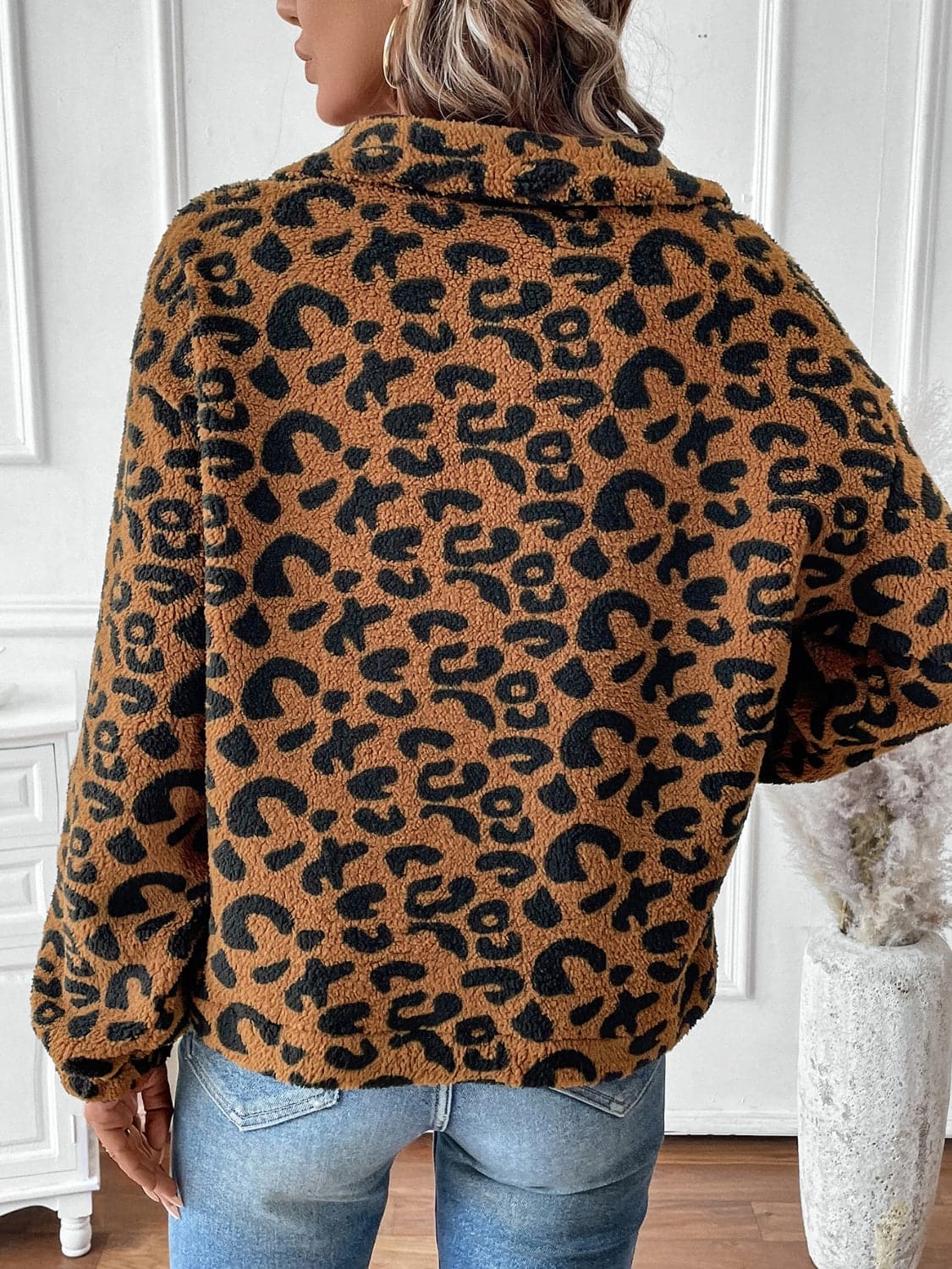 Chic luipaardprint sweatshirt met halve rits en lange mouwen