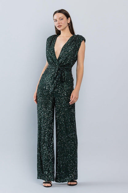 London Chic Emerald Green Deep V Power Shoulder Sequined Jumpsuit - ZyraLux