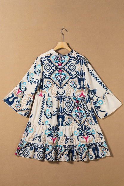 Chique witte tribal print mini-jurk met geknoopte mouwen