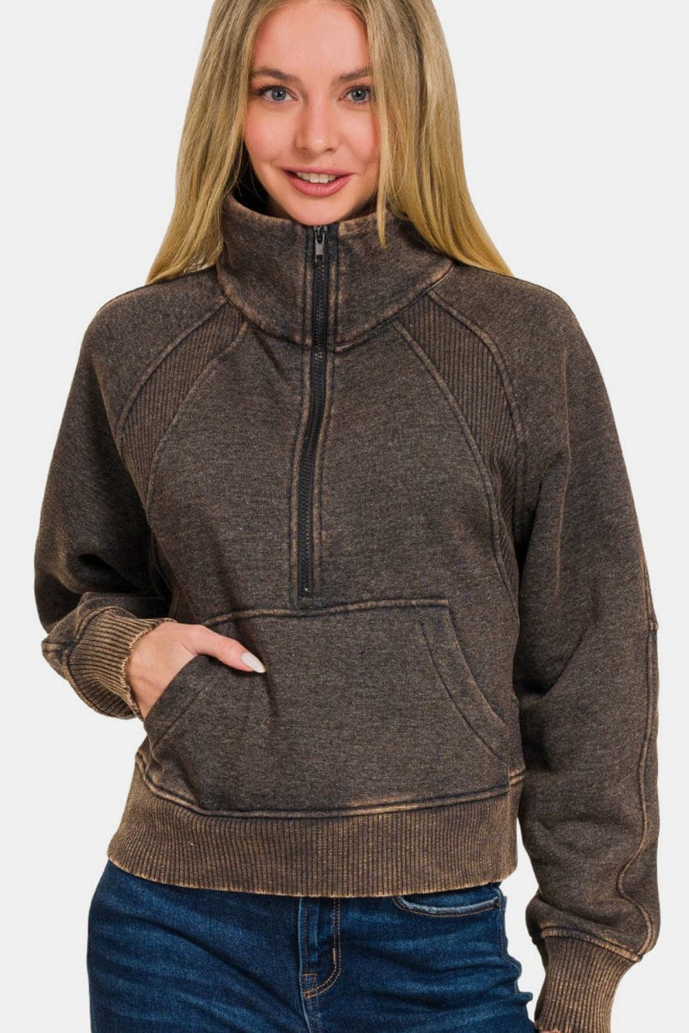 Gezellige Zenana Acid Washed Half-Zip Fleece Sweatshirt voor ultiem comfort