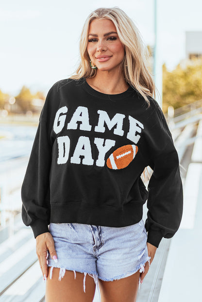 Stijlvolle zwarte Varsity Graphic Pullover Sweatshirt voor Game Day Adventures