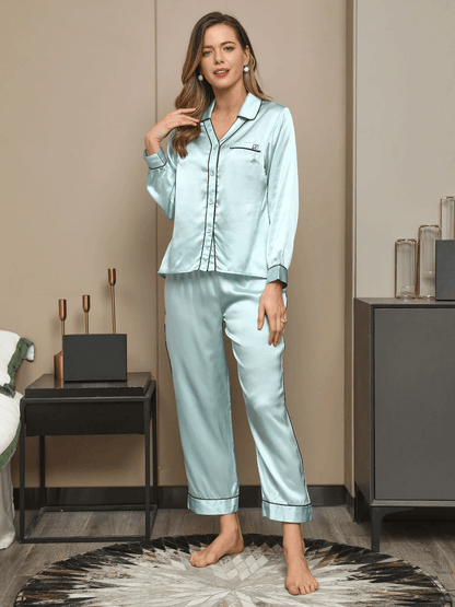 CELIA - 19 Momme Silk Pajama Set with Piping Finishes - ZyraLux Pyjama