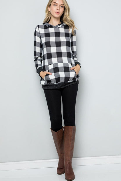 Celeste Full-Size Stijlvolle Contrasterende Plaid Lange Mouw Hoodie