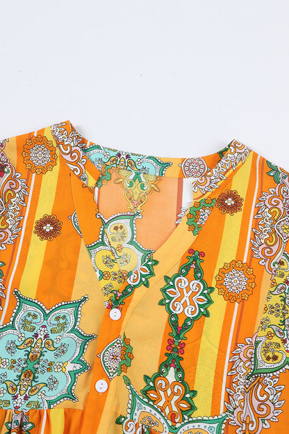 Levendige oranje Boho Chic geometrische print knoop-up mini-jurk met V-hals