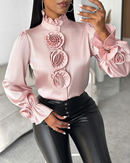 Pia - Rose Decorated Top with Flared Sleeves - ZyraLux