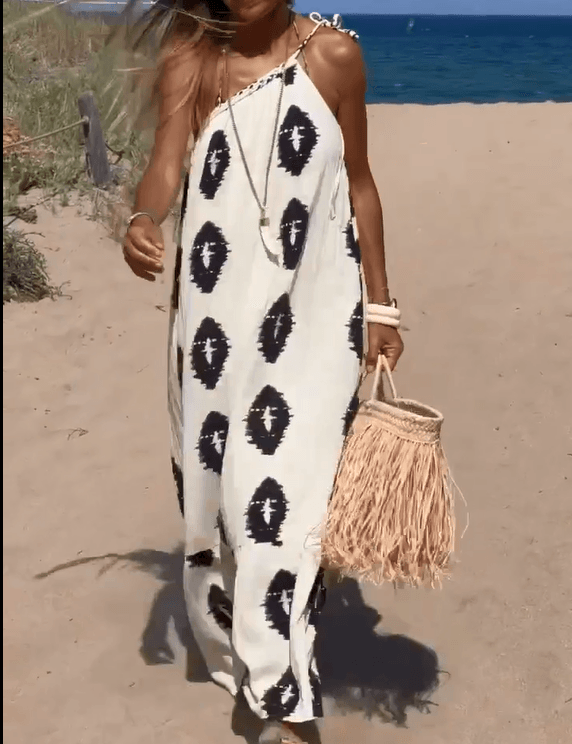 Asymmetrical Tribal Print Maxi Dress | Beige | Boho Chic | Cotton - ZyraLux Kleding en accessoires