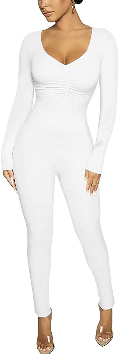 Glamorous White Plunge V-Neck Bodycon Long Sleeve Jumpsuit - ZyraLux