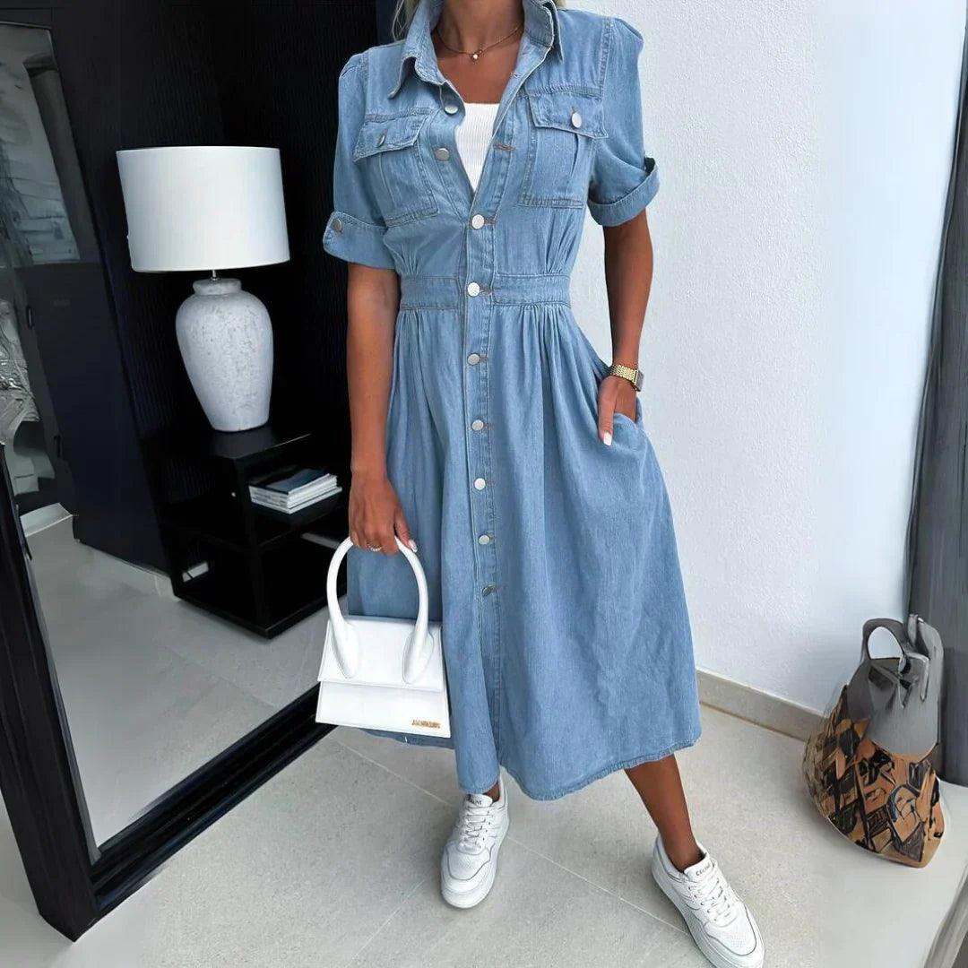 Denim Midi Dress | Blue | Cotton | Casual and Stylish - ZyraLux Kleding en accessoires