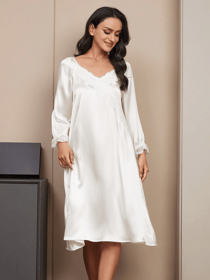 MATHILDE - Midi Silk Nightgown with Long Sleeves and Lace - ZyraLux Nightgown