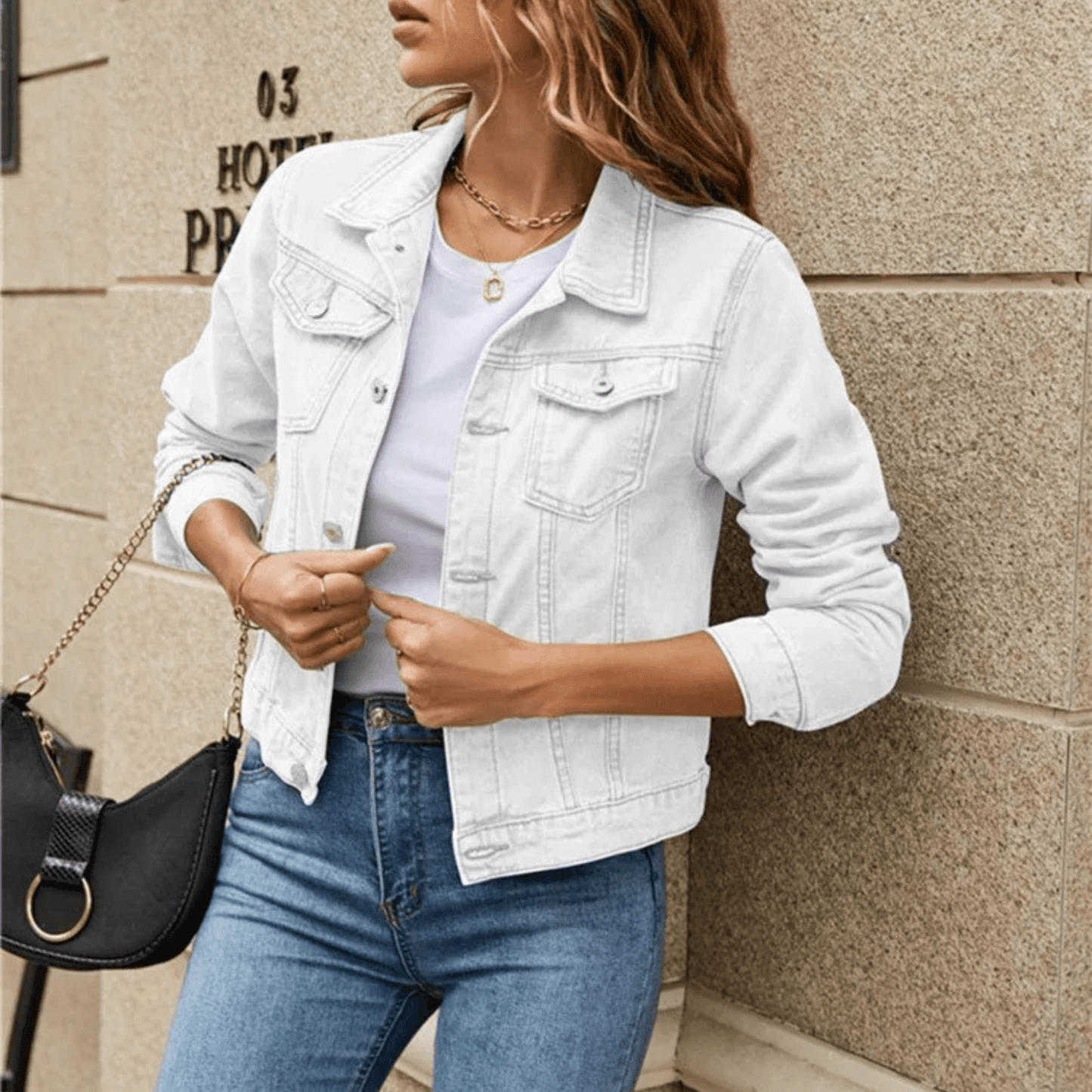 Bella - Women's Denim Jacket with Lapel Collar - ZyraLux