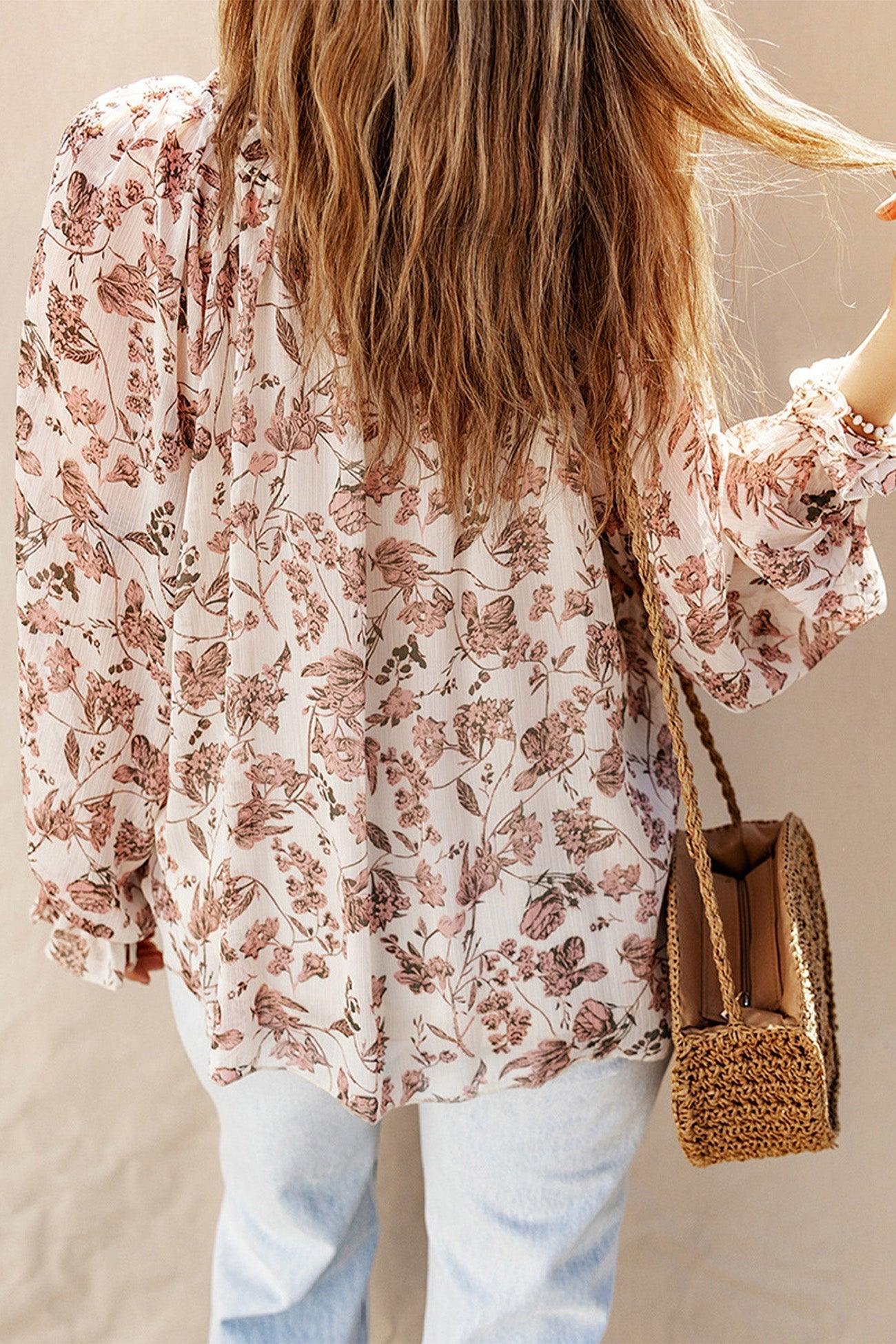 Anita - floral print v-neck strap long sleeve blouse - ZyraLux