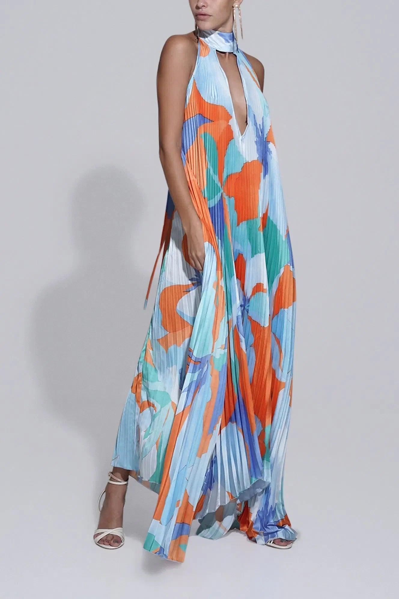 Color Fusion Pleated Maxi Dress | Multicolor | Casual | Polyester - ZyraLux Kleding en accessoires