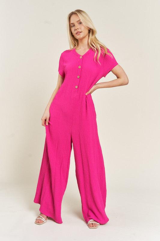 Loose Fit Fuschia Pink Textured Short Sleeve Jumpsuit - ZyraLux