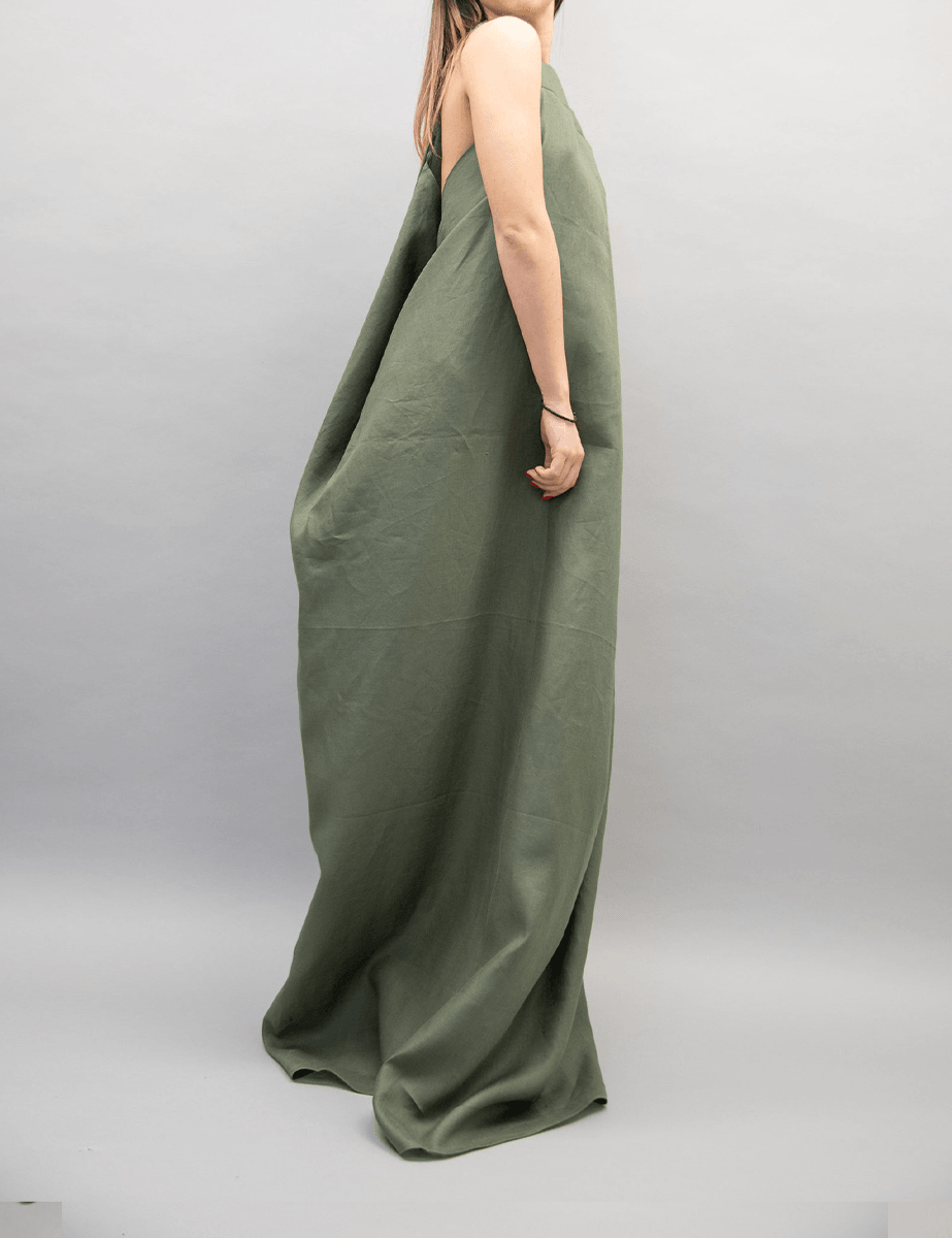 Forest Whisper Draped Gown | Green | Elegant Minimalism | Linen Blend - ZyraLux Kleding en accessoires