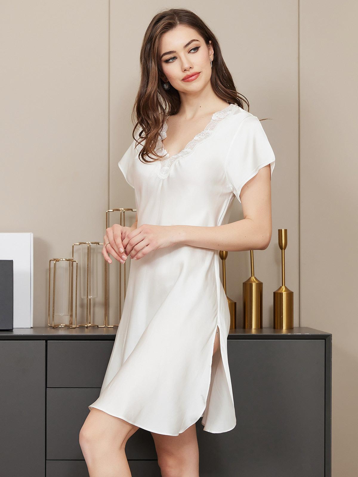 RENSKE - Sexy Silk Nightgown with Lace and Elegant Slit - ZyraLux Nightgown