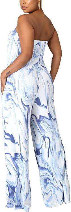 Mosaic Blue Strapless Wide Leg Jumpsuit - ZyraLux Jumpsuit