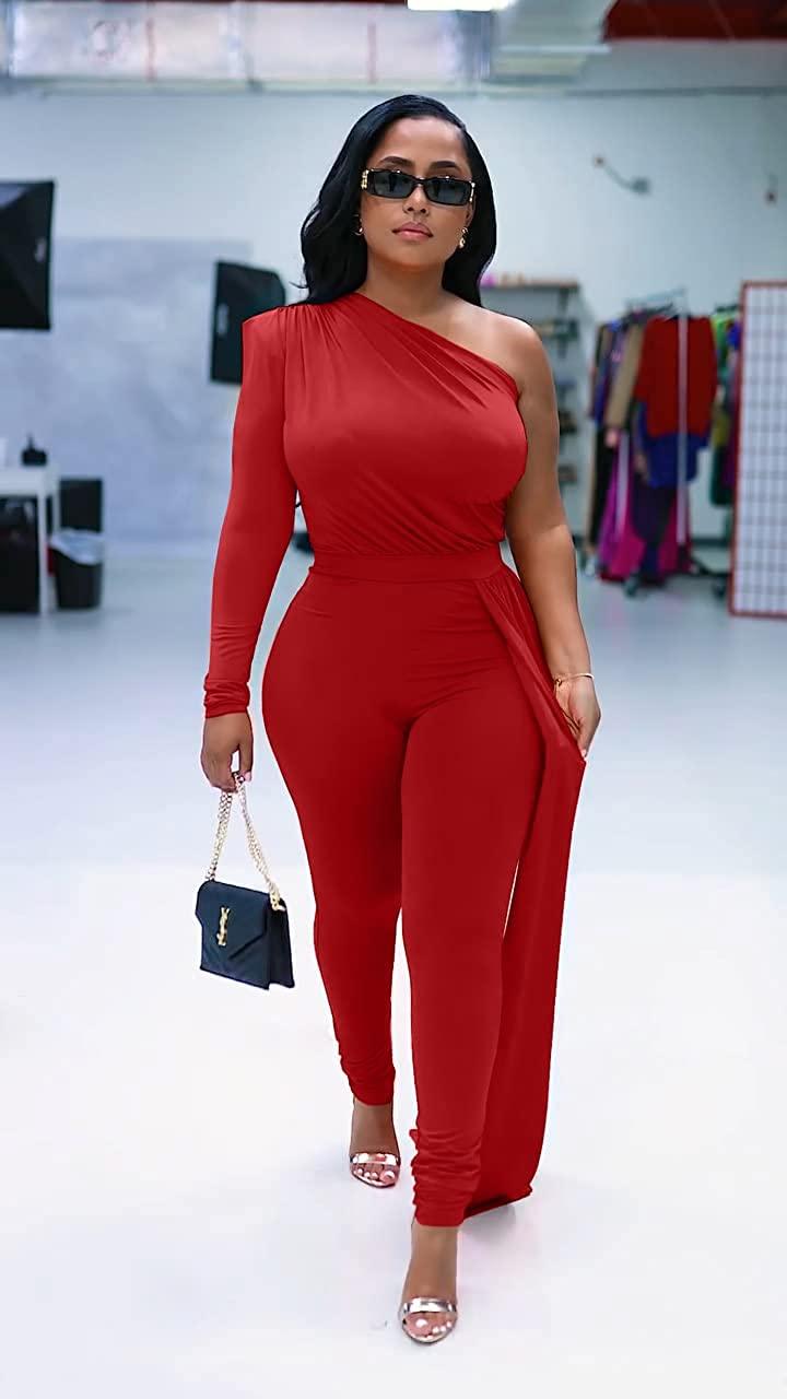 Elegant Red One Shoulder Bodycon Jumpsuit - ZyraLux