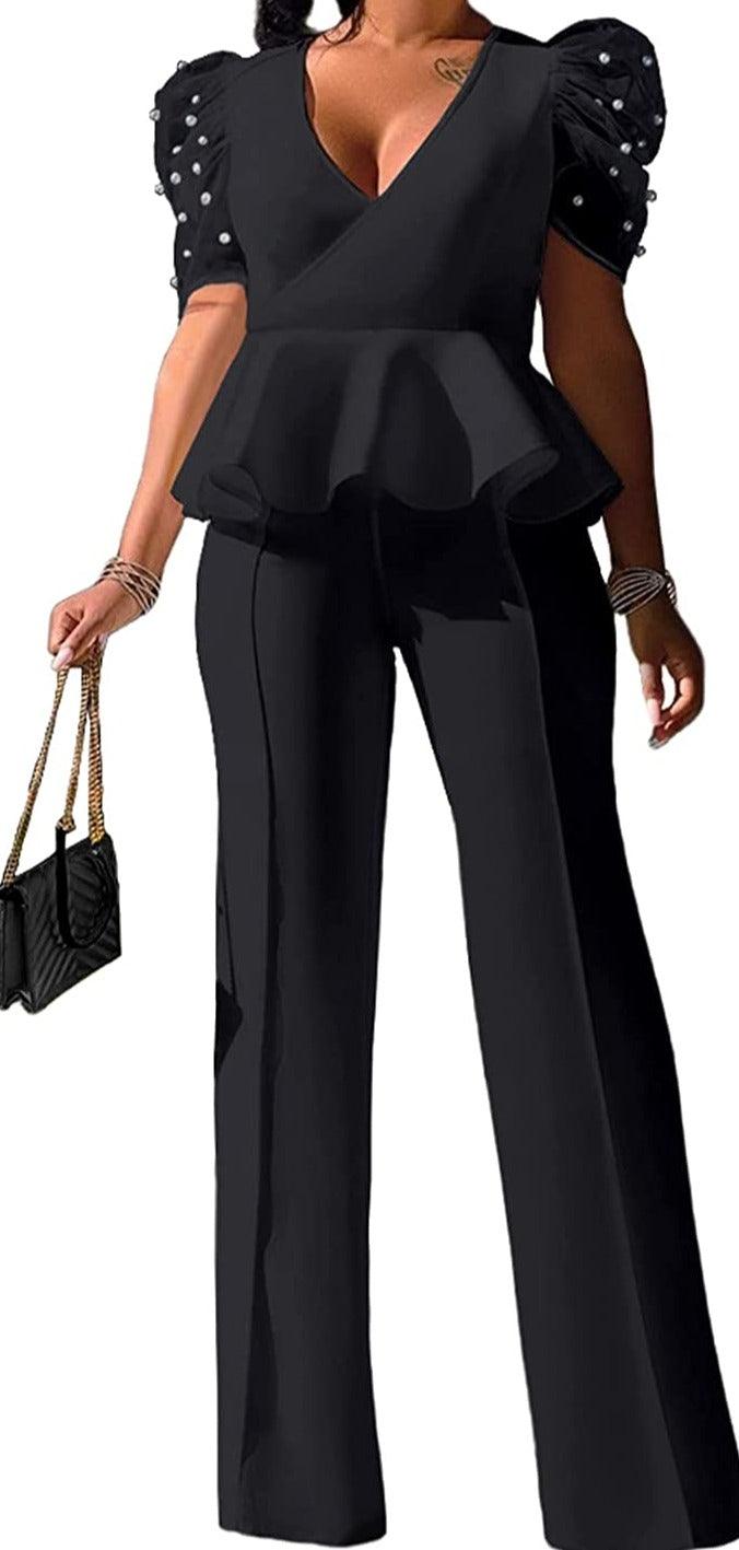 Ruffled Peplum Black Elegant Two Piece Jumpsuit - ZyraLux Jumpsuits & Rompers