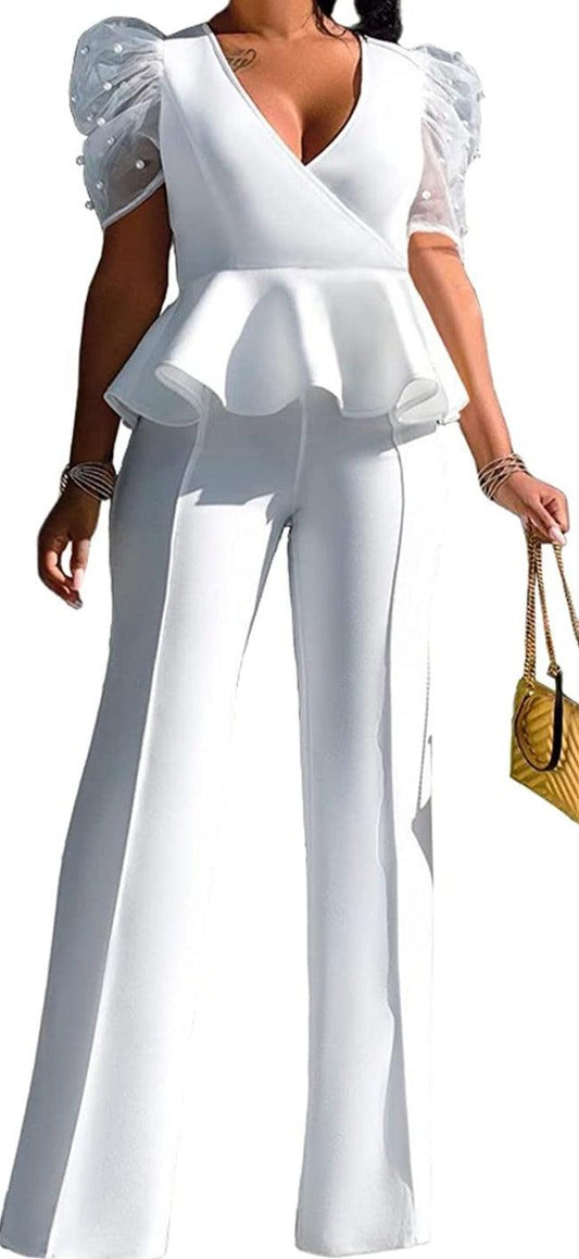 Ruffled Peplum White Elegant Two Piece Jumpsuit - ZyraLux Jumpsuits & Rompers