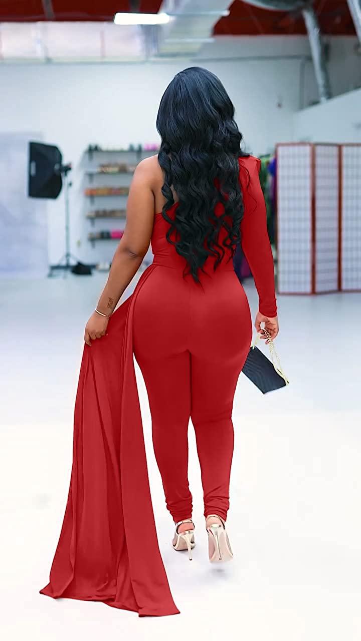 Elegant Red One Shoulder Bodycon Jumpsuit - ZyraLux