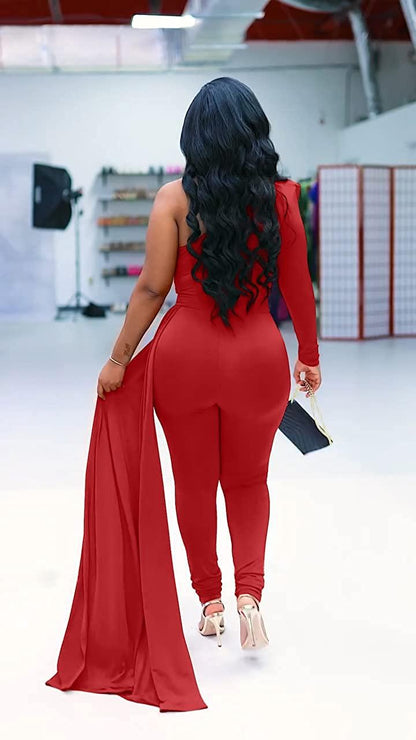 Elegant Red One Shoulder Bodycon Jumpsuit - ZyraLux